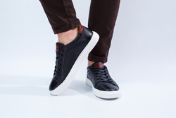 Men's comfortable shoes with natural material, men's sneakers in the style of kezhual for every day made with natural leather. High quality photo