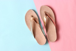 female slippers on a colored background top view. minimalism, women's shoes.
