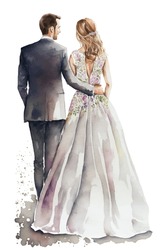 Vector watercolor illustration wedding couple married in full length from back colorful isolated on white background.