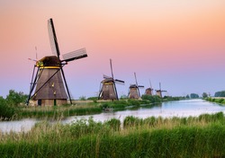 Sunset over Kinderdijk windmills