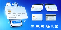 Secure mobile banking. Buy by card, online payment app for smartphone and bank cards mockup vector illustration set