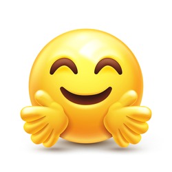 Hugging emoji. Emoticon giving a hug. Happy yellow face with open hands and smiling eyes 3D stylized vector icon