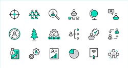 Set of People Management Related Vector Line Icons. Contains such Icons as Target, Puzzle, Certificate, Personal data processing, Task Manager, Qualification, Head Hunting and more. Editable Stroke