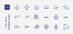 Set of plane vector line icon. It contains symbols to aircraft, globe and more. Editable move. 32x32 pixels.