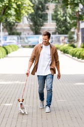 young man in casual clothes walking with jack russell terrier dog along city alley