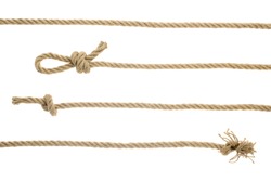 close-up view of brown nautical ropes with knots isolated on white 