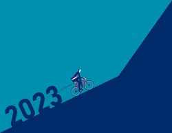 Businessman on bicycle and pulling 2023 uphill. Business effort vector illustration