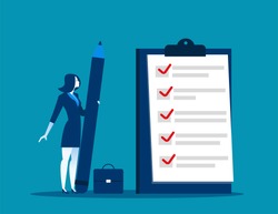 Businesswoman checklist on the clipboard. Concept business illustration. Vector