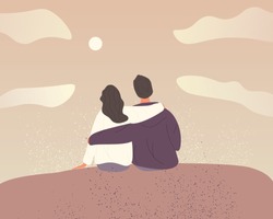 Young couple in love on sky background with clouds. 