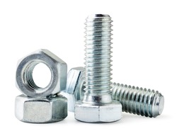Set of mounting bolts and nuts close-up on a white background. Isolated