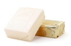 Processed cheese rectangular in packaging and without packaging on a white background. Isolated