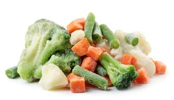Heap of frozen vegetable mix close-up on a white background. Isolated