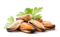 Heap of peeled mussels with parsley close-up on a white background. Isolated
