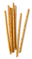 Pretzel sticks close-up on a white background. Top view