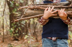 A child collects firewood in the forest. Little lumberjack. The boy is looking for old tree branches. Child and firewood. Autumn time.