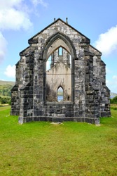 The ruins of Dunlewey Church, located in Poisoned Glen, County Donegal, Ireland. Dunlewey is a small Gaeltacht village