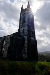 The ruins of Dunlewey Church, located in Poisoned Glen, County Donegal, Ireland. Dunlewey is a small Gaeltacht village