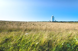 Grass bends in the meadow as a Victorian lighthouse stands tall in the background