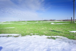 Melting snow on green grass close up - between winter and spring concept background