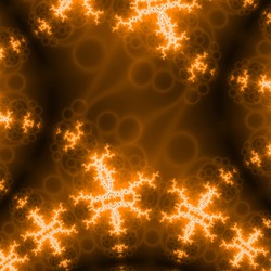 Psychedelic trippy yellow and orange fractal mandala, gradient bright red, orange, yellow colors stars and snowflakes on dark background. Decorative abstract element pattern.