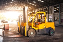 Yellow forklift in  factory.