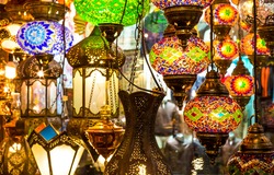 Oriental lamps in the Turkish bazaar. Eastern lamps in turkish market. Lamps in oriental market