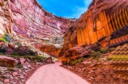 The road in the Red Canyon. Red rock canyon road. Canyon pass way. Red rock canyon pass