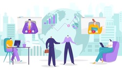 Futuristic businessman together handshake, global online internet business web negotiation flat vector illustration, isolated on white.