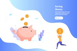 Piggybank with falling gold coins, man holding a coin, concept of saving money and profit, vector illustration for web, ui, landing page, flyer, poster, banner.