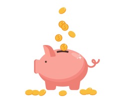 Concept of money, investment, banking or business services. Flat design.Pig bank with coin icons. Flat style. Saving money. Vector illustration.