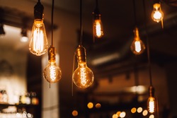 Vintage edison light bulbs in coffee shop