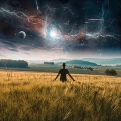 Young man standing in rural czech wheat field landscape with planet, fractal nebula, stars and cloud at sunset. Fantasy photo manipulation. Elements furnished by NASA, 3D rendering