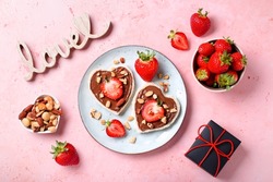 Breakfast for two, Valentines day food for couple in love with chocolate toasts and strawberry