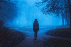 Girl goes on the road in a mysterious forest. Background for wallpaper. Strange forest in a fog with red leaves. Mystic atmosphere. Dark scary park. Paranormal another world.