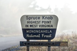 Sign closeup at Spruce Knob West Virginia mist fog autumn fall season by empty road for highest point in Monongahela national forest Appalachian mountains