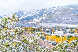 Aspen, Colorado mountains roaring fork valley high angle view of airport during late fall season with snow covered oak tree foliage leaves and yellow aspens in background