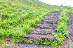 Closeup of wet stone steps looking up in green grass park during summer