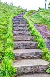 Closeup of wet stone steps looking up in green grass park during summer