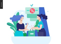 Business series, color 3 - where to buy - modern flat vector illustration concept of a customer and a shop assistant. Selling interaction and purchasing process. Creative landing page design template