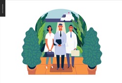 Medical insurance -specialists visit -modern flat vector concept digital illustration - medical specialists standing at the private residence entrance door Home medical service, part of insurance plan