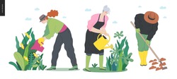 Gardening people set, spring -modern flat vector concept illustration of diverse people -men and women, doing hobby garden work -watering, planting, cutting, hoeing, arranging Spring gardening concept