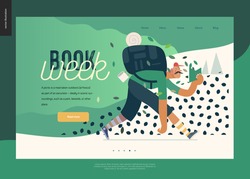 Wood webdesign template -world Book Day graphics -book week events. Modern flat vector concept illustrations of reading people -man with mustache, cap, snickers, backpack in the forest reading a book