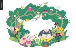 Gardening people, spring - modern flat vector concept illustration of people in the garden wearing aprons and gloves, gardening, watering, planting, cutting branches. Spring gardening concept