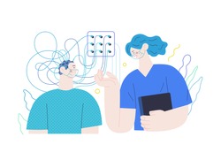 Medical tests illustration - EEG - electroencephalography - modern flat vector concept digital illustration of encephalography procedure - a patient with head electrodes and doctor in medical office