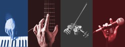 four parts of musician hands playing musical instrument. music background