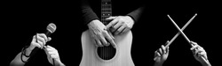black and white singer, guitarist, drummer hands. isolated on black. music background