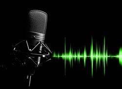 studio condenser microphone & green waveform for sound recording concept