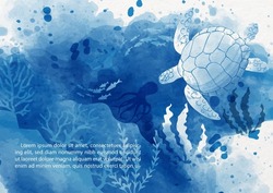 Sea turtle with the scene of under ocean in watercolor style, example texts on white paper pattern background. Card and poster of ocean in blue watercolor style and vector design.