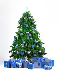 Christmas tree with blue and silver balls