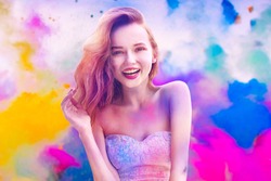 Holi Festival Of Colours. Portrait of happy young pretty girl on holi color festival. Girl with colorful long pink and blue hair smile. Colorful powder paint on dress. Energy, dancing, beautiful woman